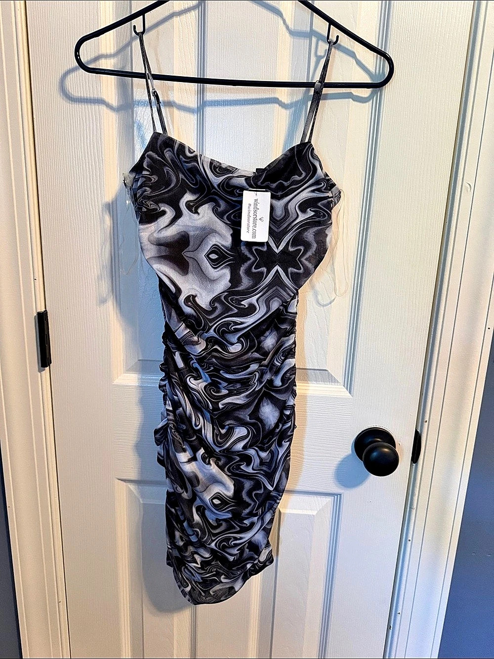 Windsor Ruched Mesh Bodycon Mini Dress Abstract Ruched Midi Dress in Black &
